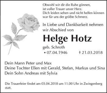 Traueranzeige von Helge Hotz von Trauerportal Rhein Main Presse