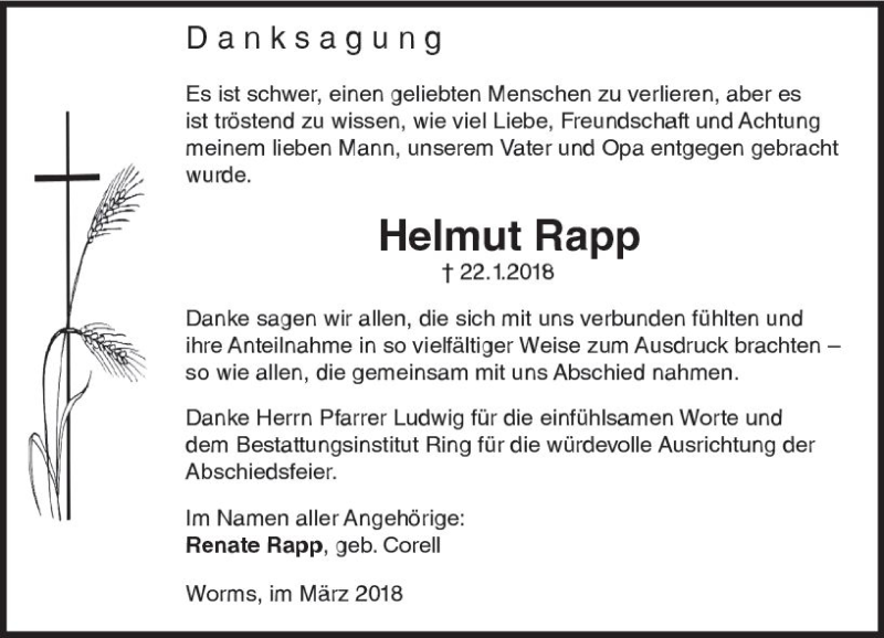  Traueranzeige für Helmut Rapp vom 10.03.2018 aus Trauerportal Rhein Main Presse