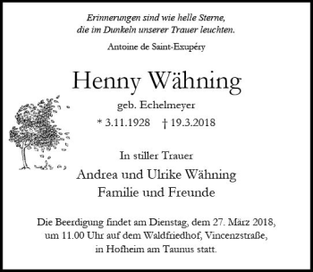 Traueranzeige von Henny Wähnffig von Trauerportal Rhein Main Presse
