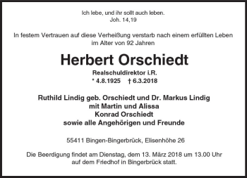 Traueranzeige von Herbert Orschiedt von Trauerportal Rhein Main Presse
