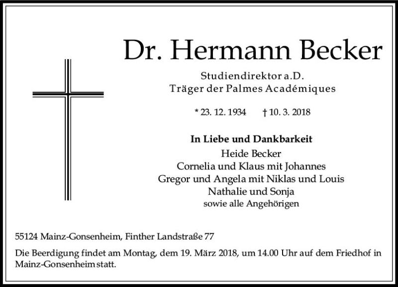  Traueranzeige für Hermann Becker vom 17.03.2018 aus Trauerportal Rhein Main Presse