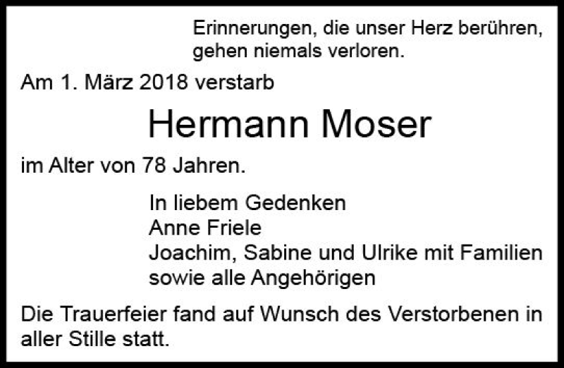 Traueranzeige für Hermann Moser vom 10.03.2018 aus Trauerportal Rhein Main Presse
