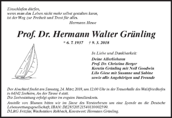 Traueranzeige von Hermann Walter Grünling von Trauerportal Rhein Main Presse