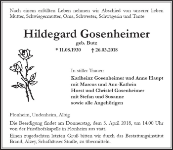 Traueranzeige von Hildegard Gosenheimer von Trauerportal Rhein Main Presse