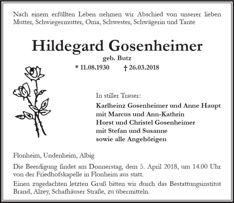  Traueranzeige für Hildegard Gosenheimer vom 31.03.2018 aus Trauerportal Rhein Main Presse