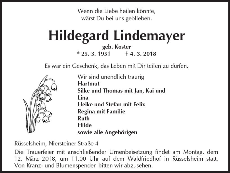  Traueranzeige für Hildegard Lindemayer vom 07.03.2018 aus Trauerportal Rhein Main Presse