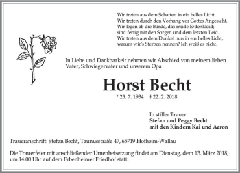 Traueranzeige von Horst Becht von Trauerportal Rhein Main Presse