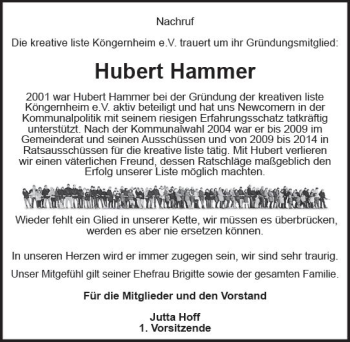 Traueranzeige von Hubert Hammer von Trauerportal Rhein Main Presse