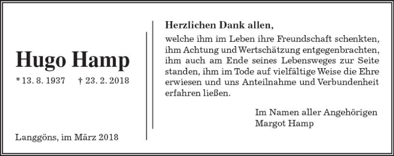  Traueranzeige für Hugo Hamp vom 17.03.2018 aus  Gießener Anzeiger