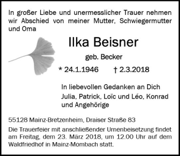 Traueranzeige von Ilka Beisner von Trauerportal Rhein Main Presse