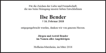Traueranzeige von Ilse Bender von Trauerportal Rhein Main Presse