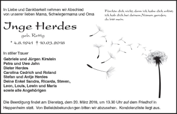 Traueranzeige von Inge Herdes von Trauerportal Rhein Main Presse