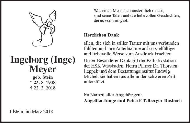  Traueranzeige für Ingeborg Meyer vom 24.03.2018 aus Trauerportal Rhein Main Presse