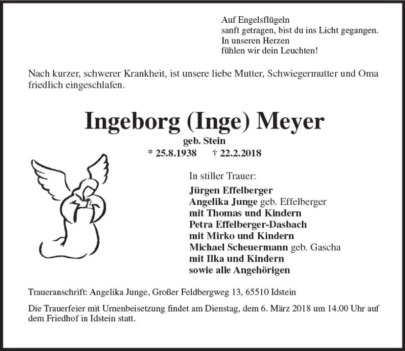  Traueranzeige für Ingeborg Meyer vom 03.03.2018 aus Trauerportal Rhein Main Presse