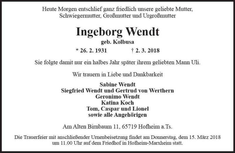  Traueranzeige für Ingeborg Wendt vom 09.03.2018 aus Trauerportal Rhein Main Presse