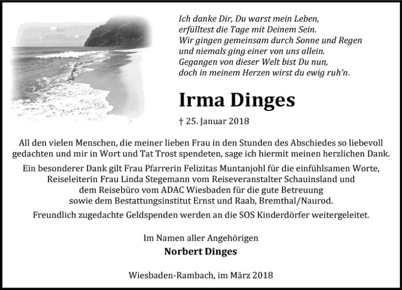  Traueranzeige für Irma Dinges vom 03.03.2018 aus Trauerportal Rhein Main Presse
