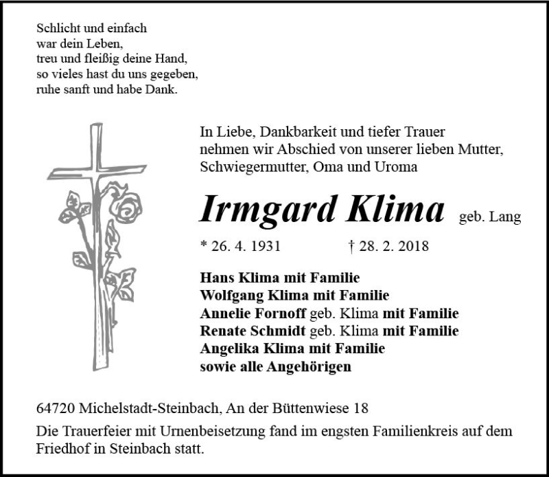  Traueranzeige für Irmgard Klima vom 17.03.2018 aus Trauerportal Rhein Main Presse