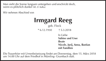 Traueranzeige von Irmgard Reeg von Trauerportal Rhein Main Presse