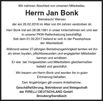 Traueranzeige von Jan Bonk von Trauerportal Rhein Main Presse