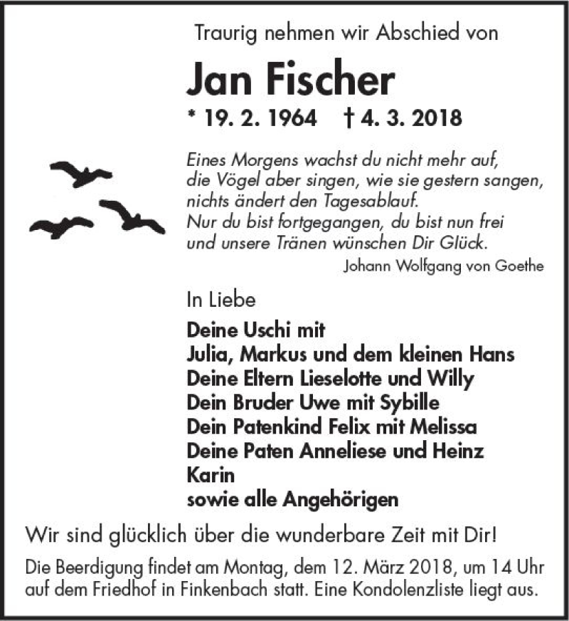  Traueranzeige für Jan Fischer vom 09.03.2018 aus Trauerportal Rhein Main Presse
