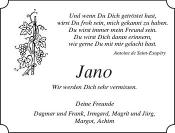 Traueranzeige von Jano  von Trauerportal Rhein Main Presse