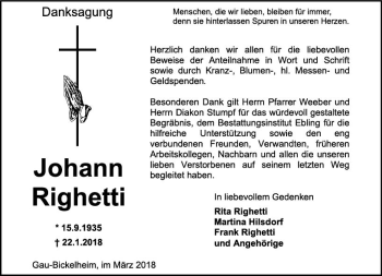 Traueranzeige von Johann Righetti von Trauerportal Rhein Main Presse