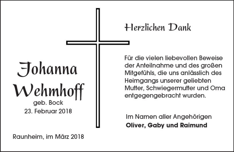  Traueranzeige für Johanna Wehmhoff vom 17.03.2018 aus Trauerportal Rhein Main Presse