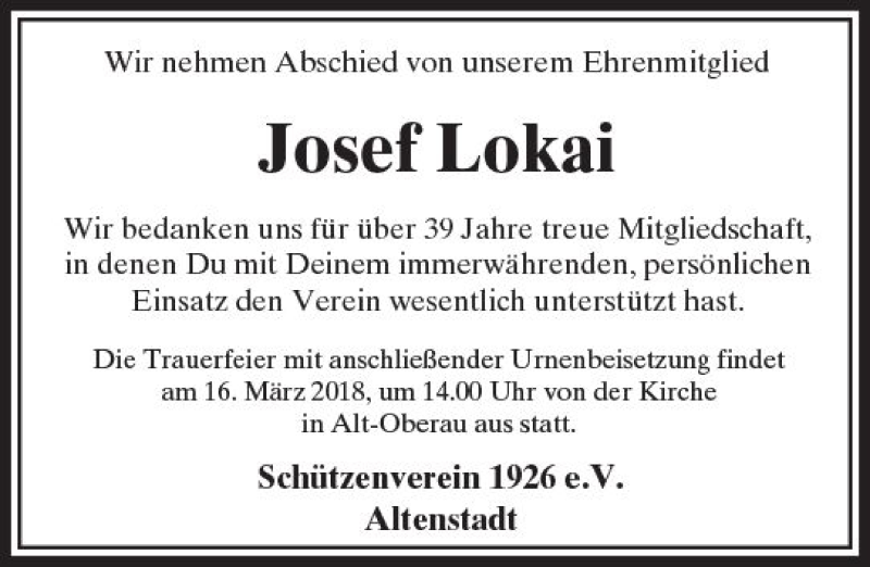  Traueranzeige für Josef Lokai vom 14.03.2018 aus  Kreisanzeiger