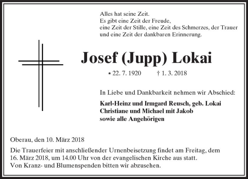  Traueranzeige für Josef Lokai vom 10.03.2018 aus  Kreisanzeiger