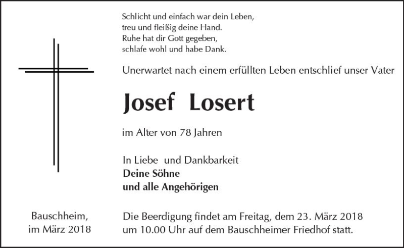  Traueranzeige für Josef Losert vom 20.03.2018 aus Trauerportal Rhein Main Presse