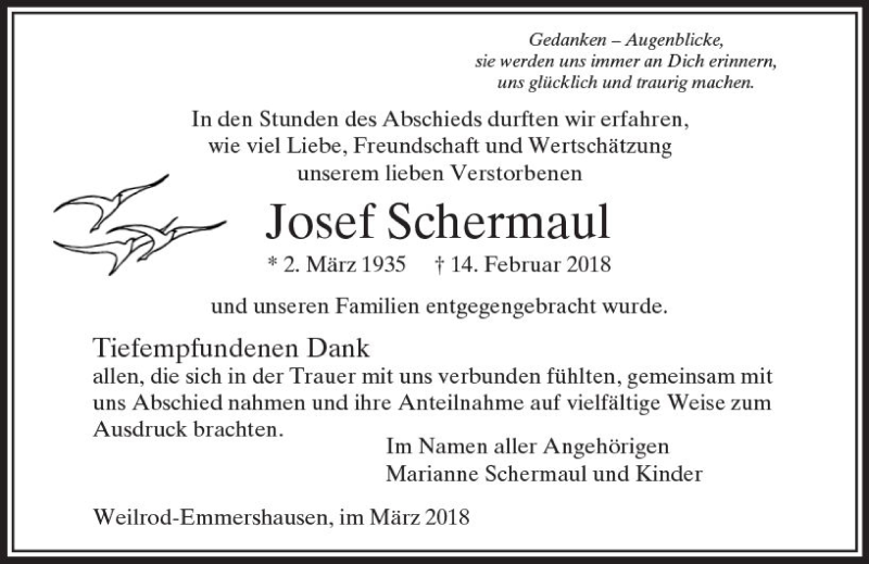  Traueranzeige für Josef Schermaul vom 10.03.2018 aus  Usinger Anzeiger
