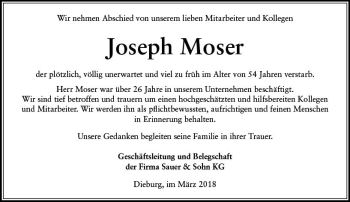 Traueranzeige von Joseph Moser von Trauerportal Rhein Main Presse