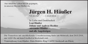 Traueranzeige von Jürgen H. Häußer von Trauerportal Rhein Main Presse