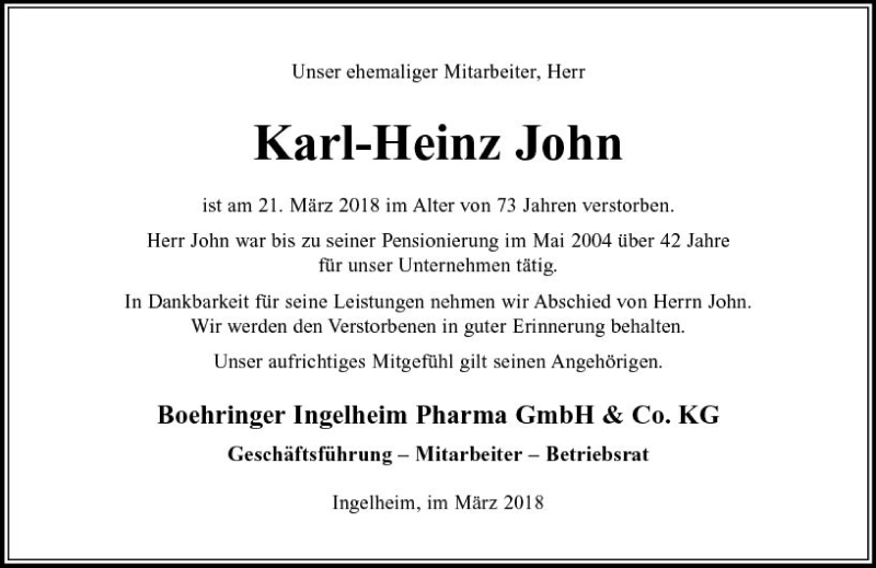  Traueranzeige für Karl-Heinz John vom 29.03.2018 aus Trauerportal Rhein Main Presse