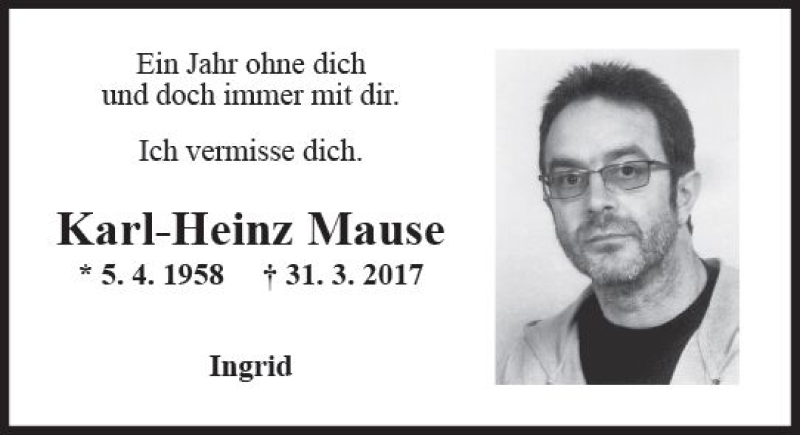  Traueranzeige für Karl-Heinz Mause vom 31.03.2018 aus Trauerportal Rhein Main Presse