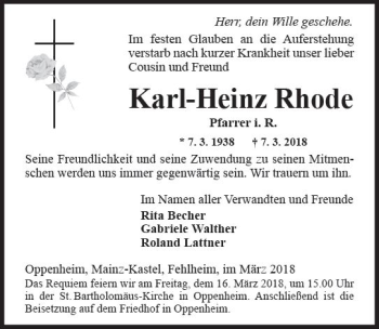 Traueranzeige von Karl-Heinz Rhode von Trauerportal Rhein Main Presse