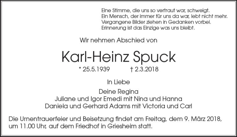  Traueranzeige für Karl-Heinz Spuck vom 06.03.2018 aus Trauerportal Rhein Main Presse