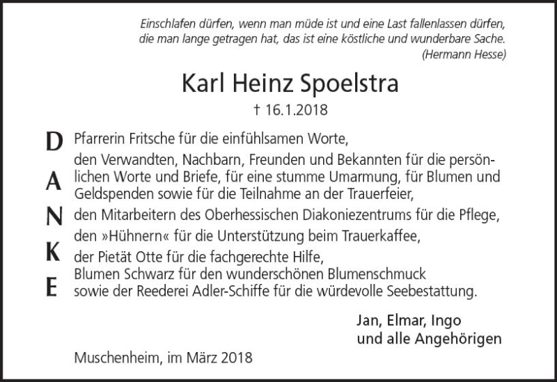 Traueranzeige für Karl Heinz Spoelstra vom 22.03.2018 aus  Gießener Anzeiger