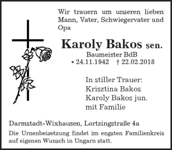 Traueranzeige von Karoly Bakos von Trauerportal Rhein Main Presse