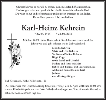 Traueranzeige von Kart-Heinz Kehrein von Trauerportal Rhein Main Presse
