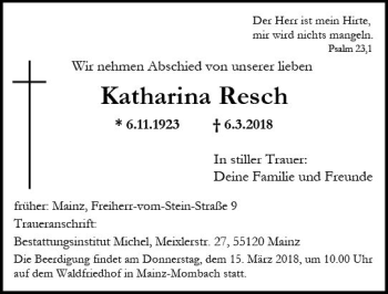 Traueranzeige von Katharina Resch von Trauerportal Rhein Main Presse