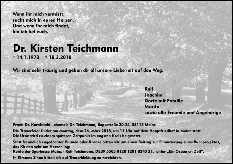  Traueranzeige für Kirsten Teichmann vom 22.03.2018 aus Trauerportal Rhein Main Presse