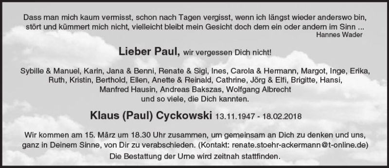 Traueranzeige für Klaus Cyckowski vom 03.03.2018 aus Trauerportal Rhein Main Presse