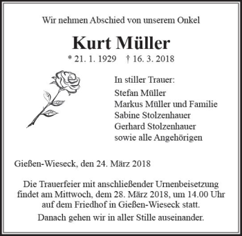 Traueranzeige von Kurt Müller von  Gießener Anzeiger