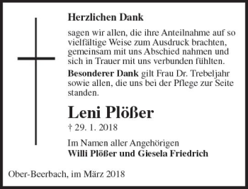 Traueranzeige von Leni Plößer von Trauerportal Rhein Main Presse