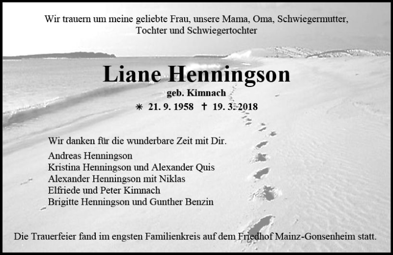  Traueranzeige für Liane Henningson vom 31.03.2018 aus Trauerportal Rhein Main Presse