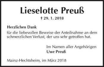 Traueranzeige von Lieselotte Preuß von Trauerportal Rhein Main Presse