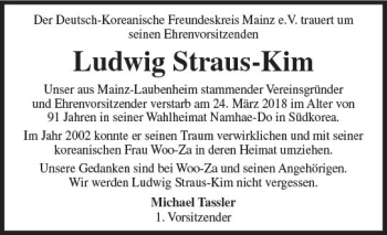 Traueranzeige von Ludwig Straus-Kim von Trauerportal Rhein Main Presse
