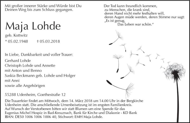  Traueranzeige für Maja Lohde vom 09.03.2018 aus Trauerportal Rhein Main Presse