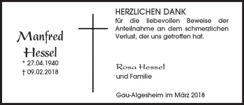 Traueranzeige von Manfred Hessel von Trauerportal Rhein Main Presse